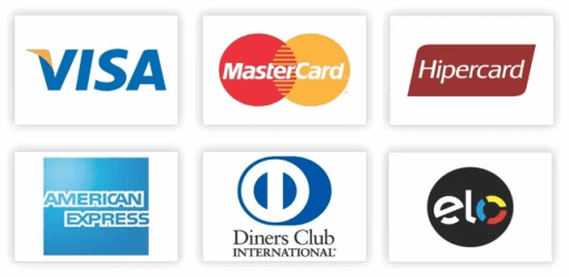 Bandeiras de cartões aceitos: Visa, MasterCard, Elo, American Express, Diners Club e Hipercard